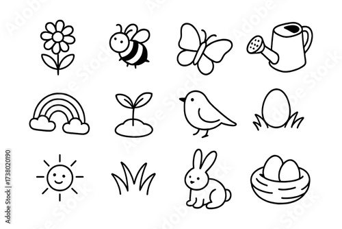 Adorable spring doodle icons: flowers, animals, and nature elements for creative projects