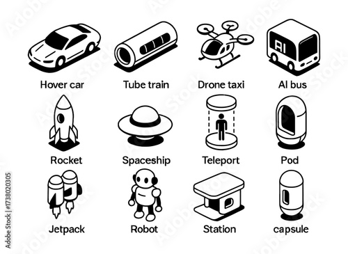 Futuristic transport and technology icons in isometric style