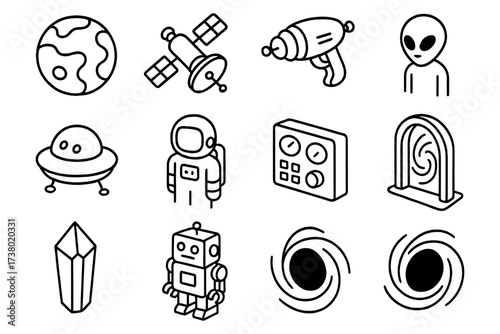 Futuristic space elements: alien, astronaut, ufo, galaxy, and technology symbols in linear style