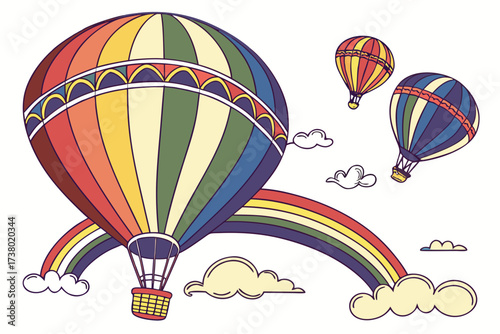 Colorful hot air balloons and rainbow on white background