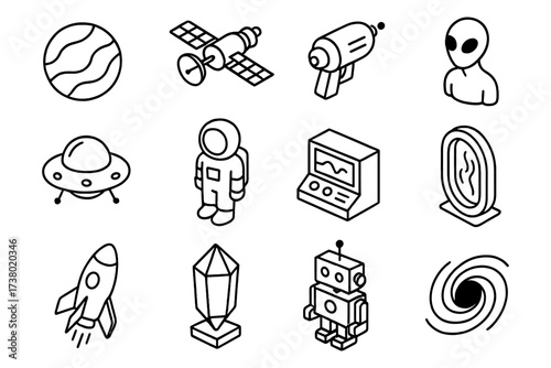 Space and sci-fi icons: asteroids, aliens, and robots in a bold linear style