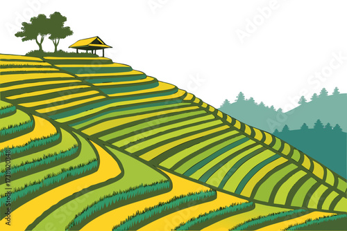 Colorful green and yellow rice terraces on a hillside with trees and a hut