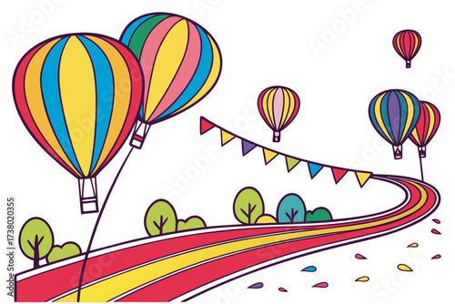 Colorful hot air balloons and festive flags on a rainbow path