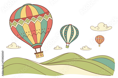 Colorful hot air balloons floating over rolling hills