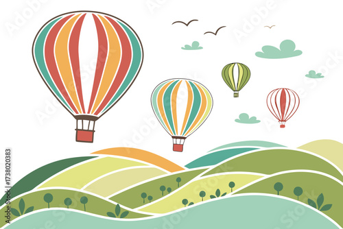 Colorful hot air balloons over rolling green hills