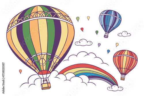Colorful hot air balloons floating with rainbow and clouds