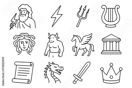 Greek mythology icons: gods, creatures, and symbols in linear style
