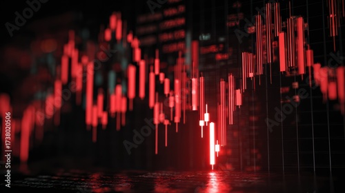 Dynamic stock market graph illustrating a downward trend with red candlesticks and digital indicators for trading insights.
