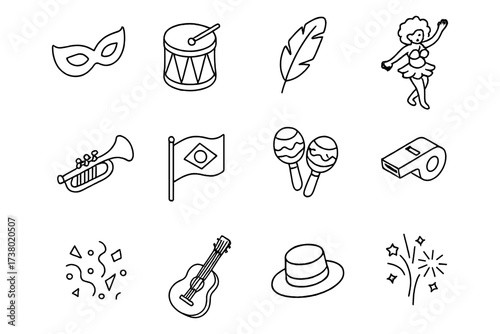 Outline icons of brazilian carnival symbols including mask and drum