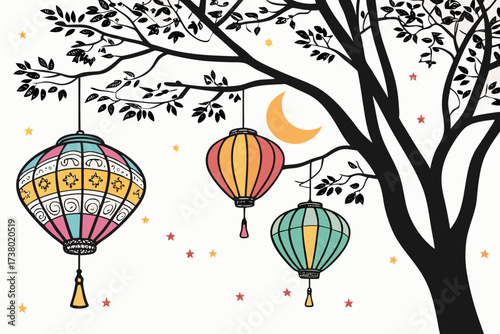 Colorful lanterns hang from tree branches with moon and stars