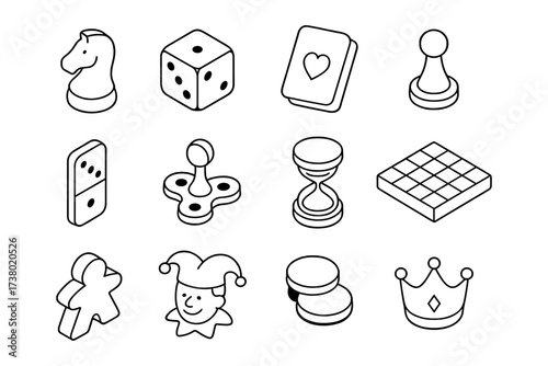 Collection of isometric board game elements with playful icons and toys