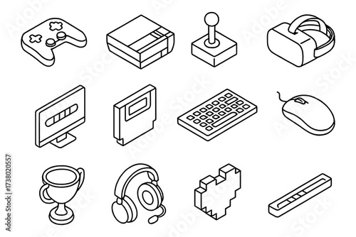 Retro gaming icons in isometric line art style featuring consoles and controllers