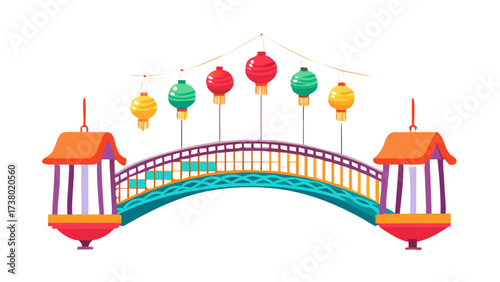 Colorful Lanterns Hang Over a Decorative Bridge green