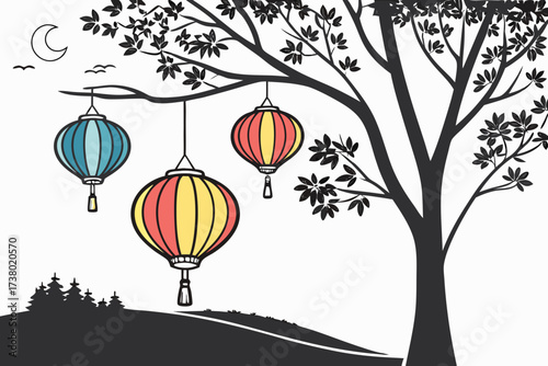 Colorful lanterns hanging from tree branches at night