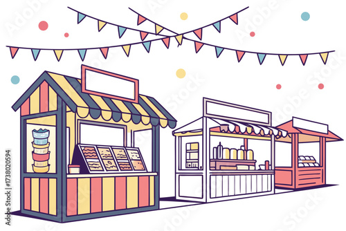 Colorful market stalls with bunting and circles food