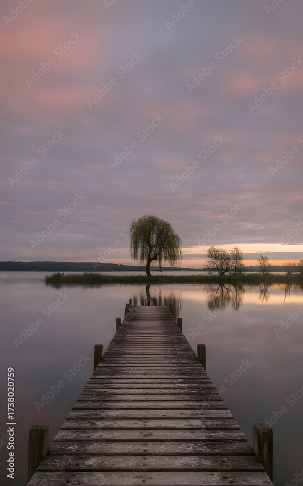 Fototapeta premium A tranquil twilight capture of a wooden pier on a serene, reflective lake.