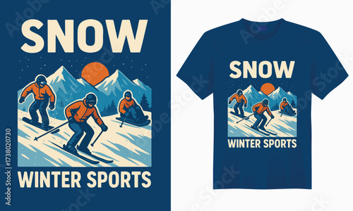 “Bold winter sports graphic featuring skis, snowboards, and mountains with a frosty vibe, perfect for snow lovers and adrenaline seekers.”