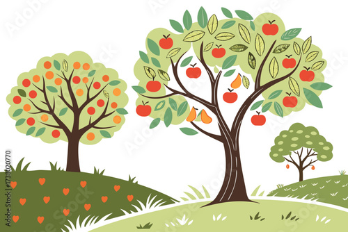 Colorful orchard with apple and orange trees and heart shaped fruits