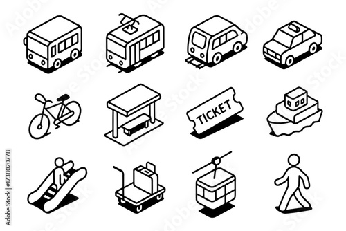 Isometric transportation icons set: bus, tram, car, bicycle, and more