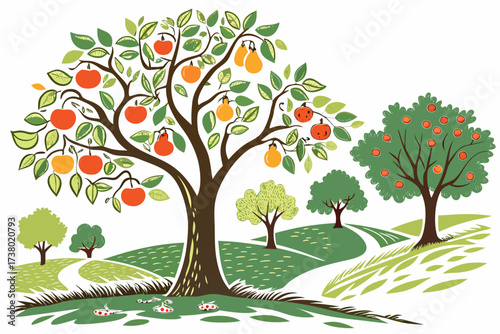 Colorful orchard with ripe apples and pears art fruit trees