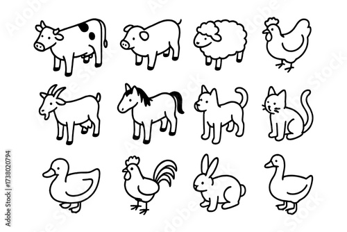 Cute farm animals in simple black and white outline style for kids