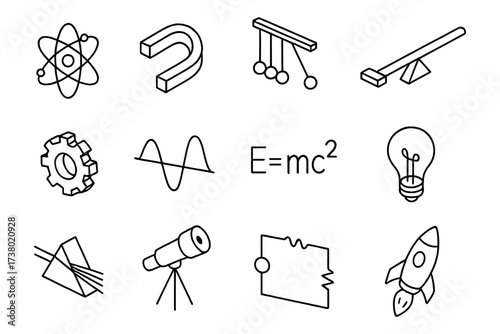 Set of linear science and physics icons featuring energy, magnetism, and mechanics