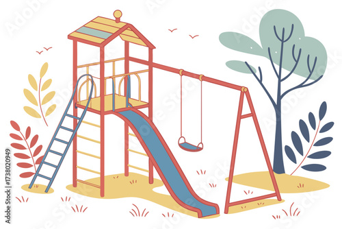Colorful playground with slide and swings on white background 1
