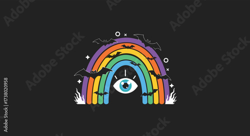 A mystical eye observes a vibrant pixelated rainbow adorned with dark silhouettes of bats and stars against a stark black background.