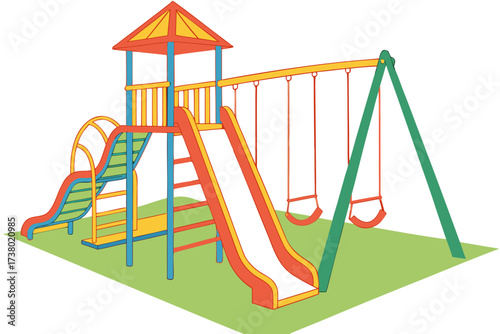Colorful playground with swings and slides on white background