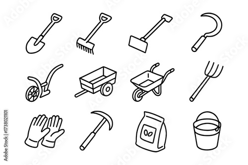 Outline icons of garden tools for home landscaping and farming projects