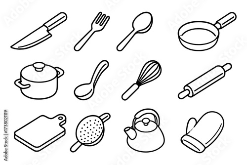 Essential kitchen utensils in simple black line art for home cooking and baking