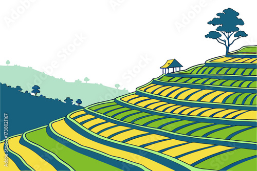 Colorful rice terraces with a small hut and trees hillside
