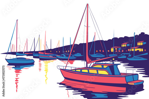 Colorful sailboats at night harbor with glowing windows