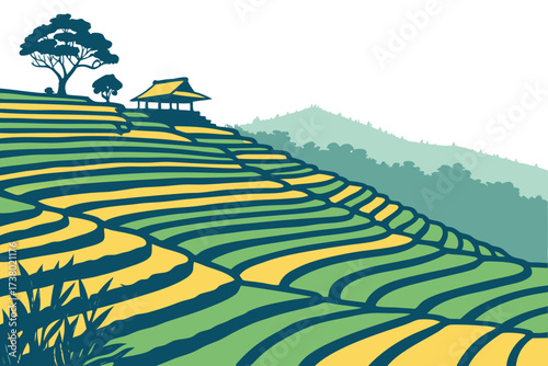 Colorful rice terraces with trees and hut hillside