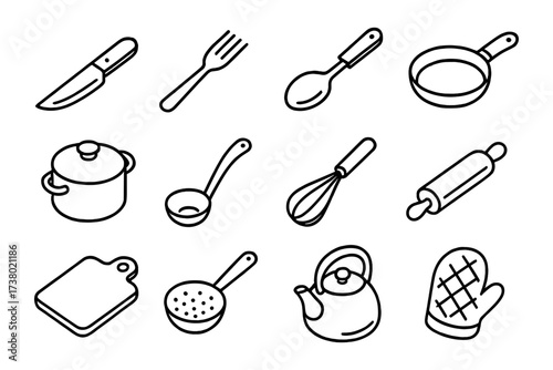 Line art kitchen utensils set: essential tools for cooking and baking