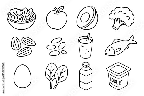 Healthy food icons: simple line drawings of nutrient-rich ingredients