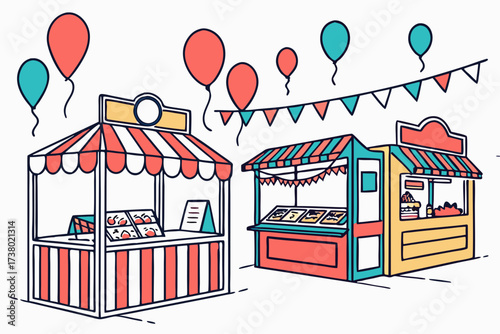 Colorful street fair stalls with balloons and bunting 2
