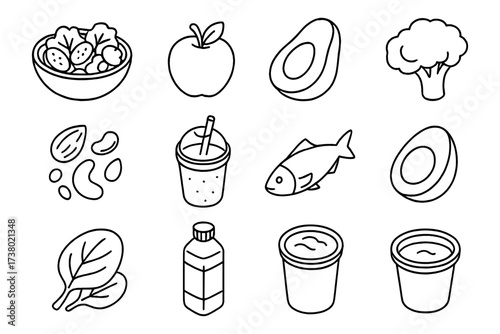 Healthy food icons set: fruits, veggies, nuts, and drinks in linear style