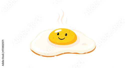 A cheerful fried egg with a happy face smiling on a white background.