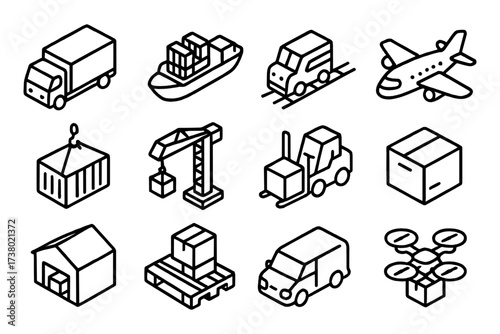 Isometric transport and logistics icons: truck, ship, plane, and warehouse
