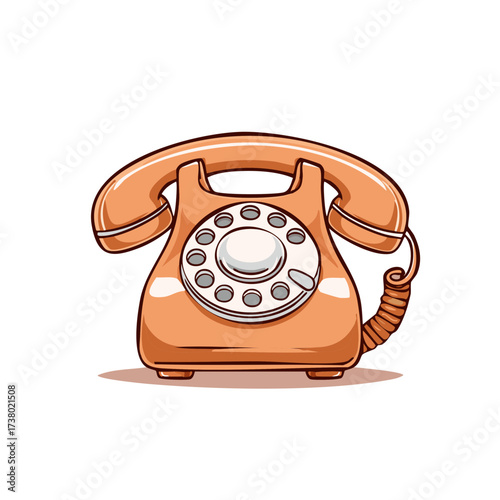 Orange vintage telephone with rotary dial, antique communication device illustration