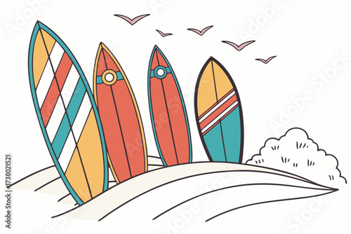 Colorful surfboards on a sandy beach with flying birds 1