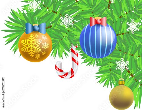 Christmas Tree Branch with Hanging Ornaments, Candy Cane and Snowflakes – Holiday Decoration Illustration