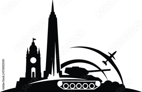 Black silhouette of Manchester skyline with tank and airplane vector