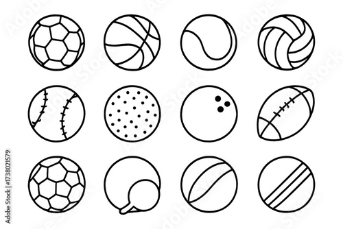 Outline collection of sports balls featuring popular games in linear style
