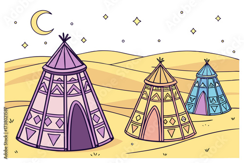 Colorful teepees in a desert landscape under a crescent moon