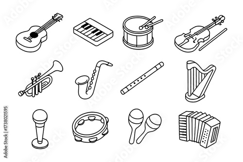 Isometric musical instruments collection: guitars, drums, trumpet, violin, microphone, harp, accordion, and more