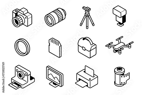 Isometric camera equipment icons: photography essentials in black and white style