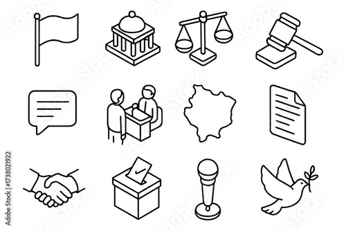 Outline icons of politics and democracy: scale and gavel, voting, peace dove