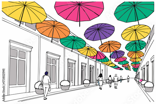 Colorful umbrellas over street with people walking